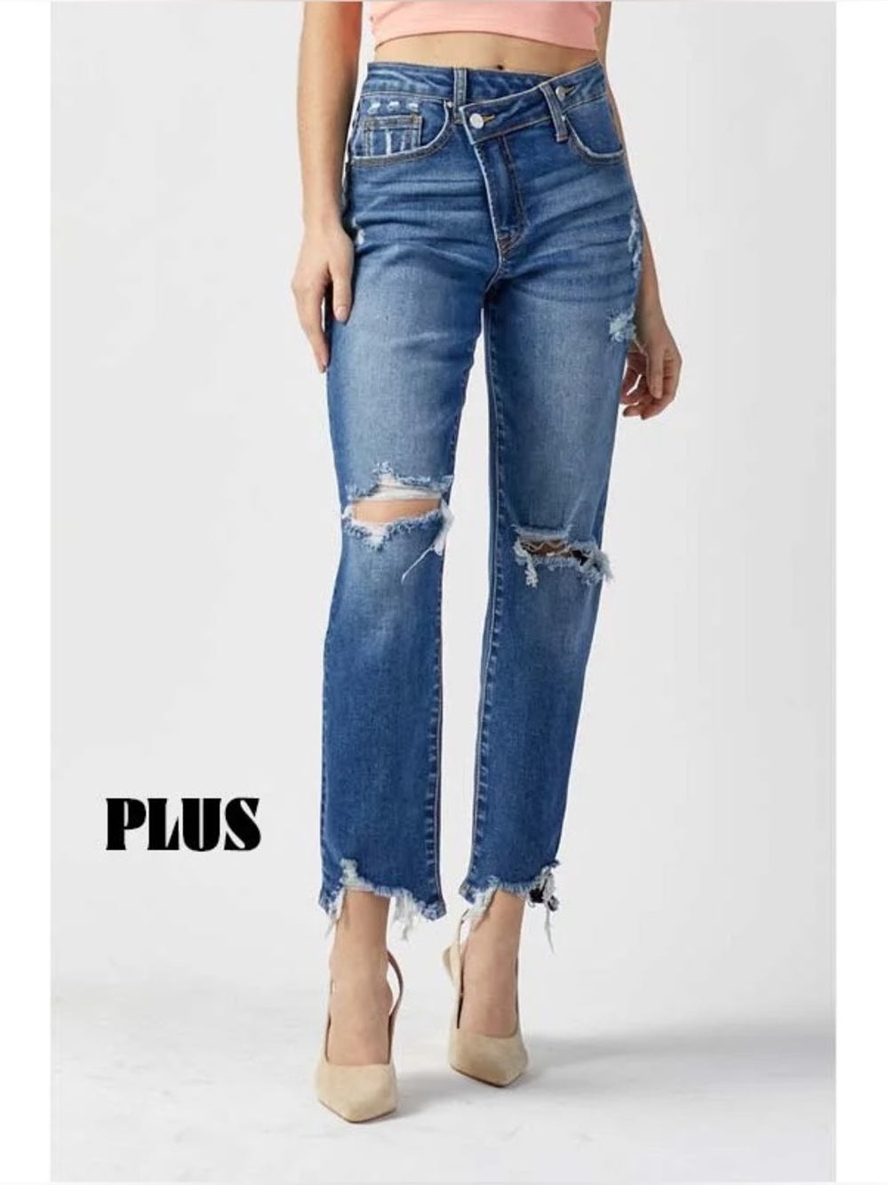 NWT Plus Size Risen High Rise Crossover Distressed Girlfriend Jeans 2X